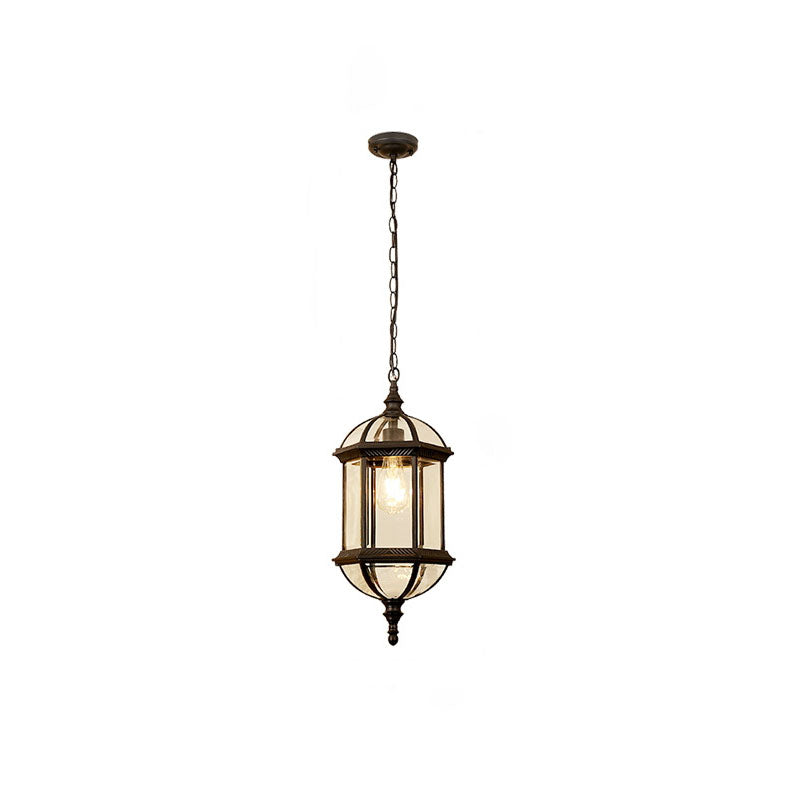 Zeitgenössische Retro sechseckige Laterne Glas Aluminium 1-Licht wasserdichte Pendelleuchte für Terrasse im Freien 