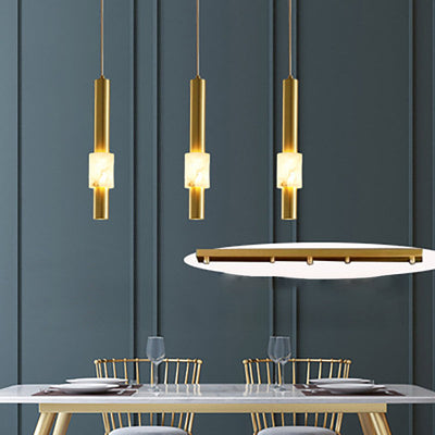 Lustre LED contemporain de luxe en cuivre à bande longue avec abat-jour en marbre pour salon 