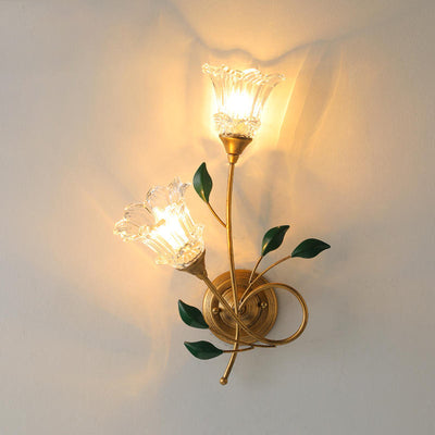 Traditional European Iron Crystal Glass Flower Leave 2-Light Wall Sconce Lamp For Living Room