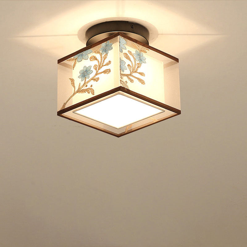 Traditional Chinese Square Iron Fabric 1-Light Semi-Flush Mount Ceiling Light For Hallway