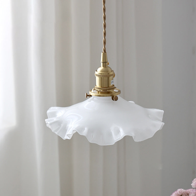 Traditionelle chinesische Blumenrolle Messing Glas 1-Licht Pendelleuchte für Wohnzimmer 