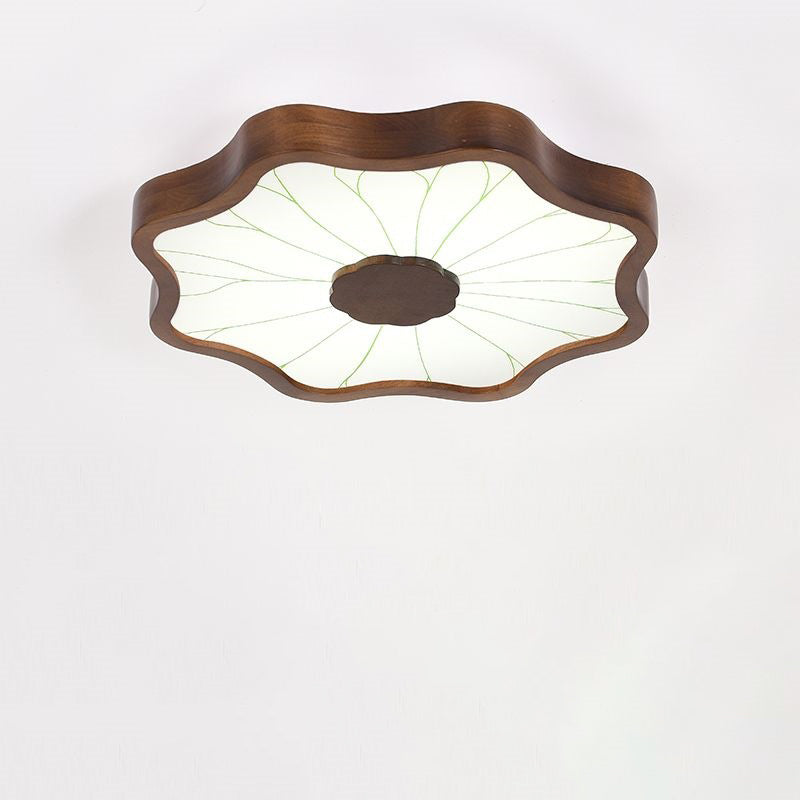Traditionelle chinesische Lotusblatt-Deckenleuchte aus Holz, Eisen, Acryl, LED-Unterputz-Deckenleuchte für Wohnzimmer 