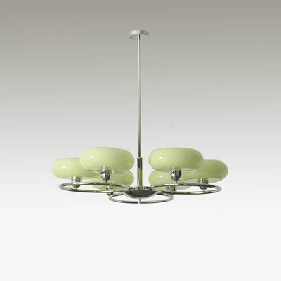 French Vintage Green Cream Glass Round Chrome Circle 6-Light Chandelier