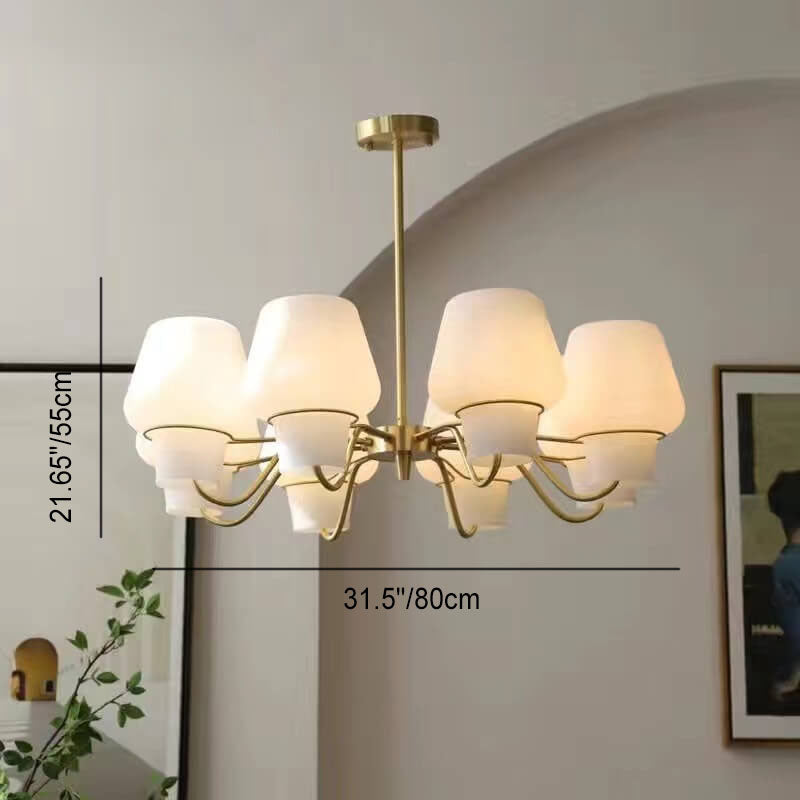 French Vintage Frosted Glass Cone Shade Brass Branch 5/6/8 Light Chandelier
