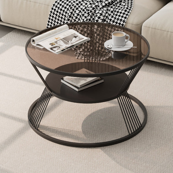 Mesa de café moderna minimalista redonda en forma de reloj de arena de vidrio y hierro de 2 niveles para sala de estar 
