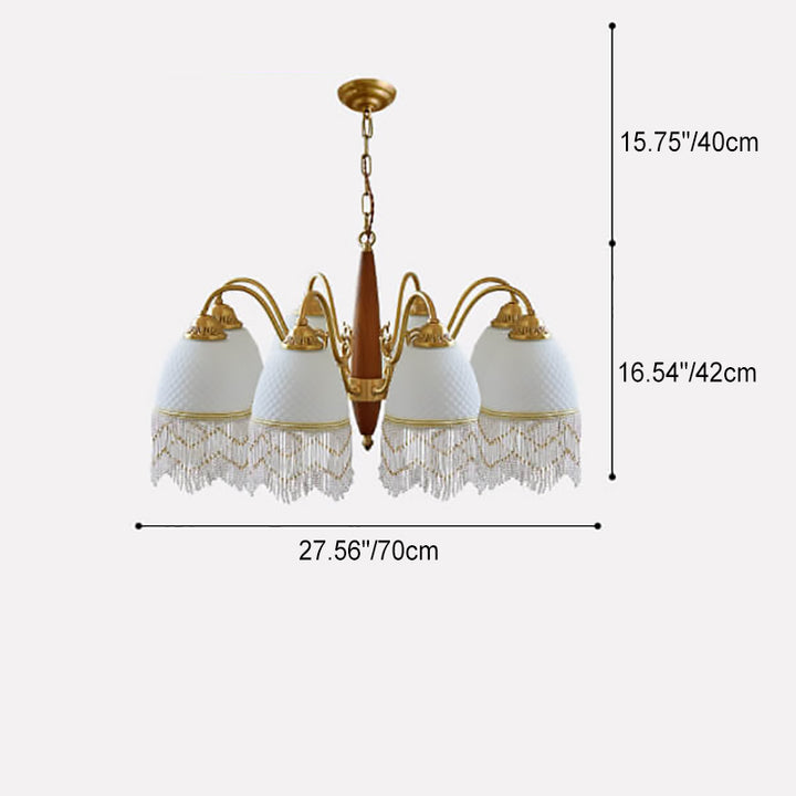 Traditional Vintage Grid Tassel Copper Wood Glass 3/5/8 Light Chandelier For Living Room
