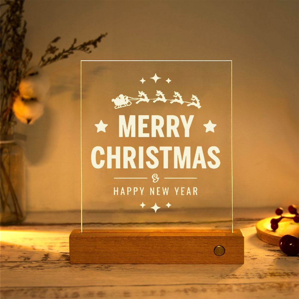 Moderne Weihnachtsrechteckige Acrylplatte Massivholz USB LED Tischlampe 