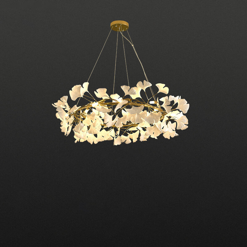 Zeitgenössischer nordischer Eisen-Acryl-Ginkgo 10-Licht-Kronleuchter für das Wohnzimmer 