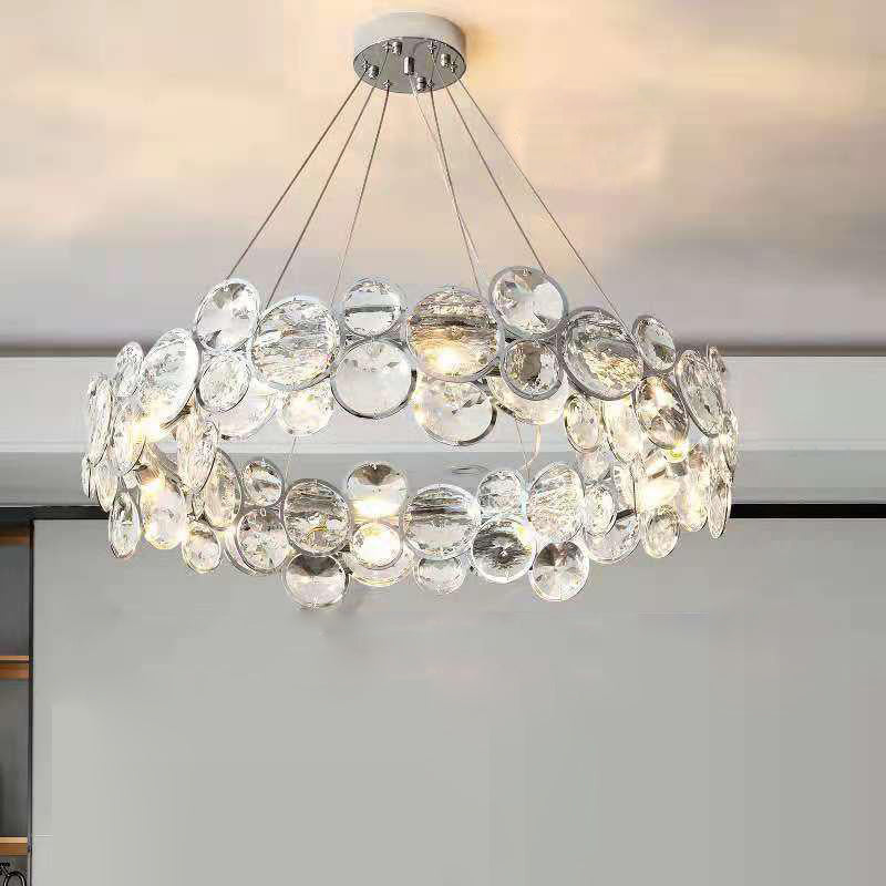Lustre moderne de luxe à disques en cristal à niveaux, abat-jour rond en acier inoxydable, 8/12 lumières pour salon 