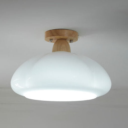 Modern Cream Oval Pumpkin Rubberwood Glass 1-Light Semi-Flush Mount Ceiling Light