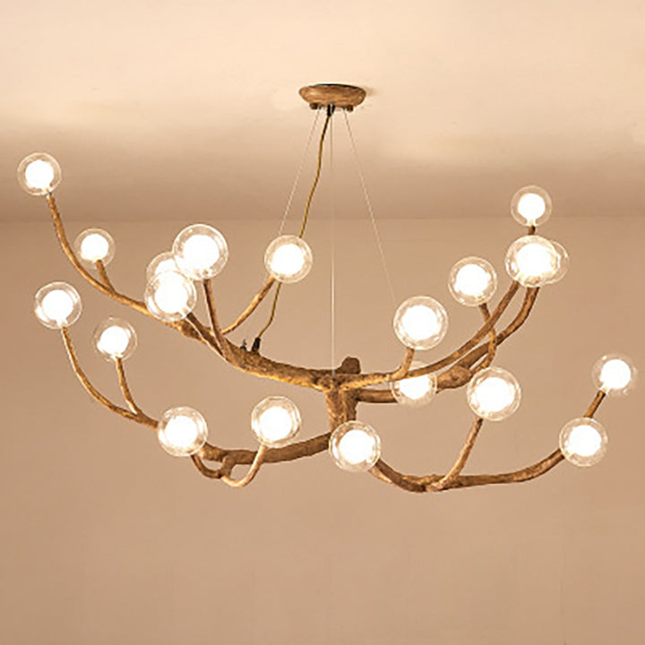 Araña de ramas de madera con globo de vidrio moderno de 8/12/16/20 luces para sala de estar 