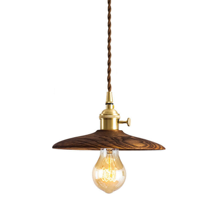 Contemporary Retro Ash Wood Copper Round Dish Irregular Grain 1-Light Pendant Light For Dining Room