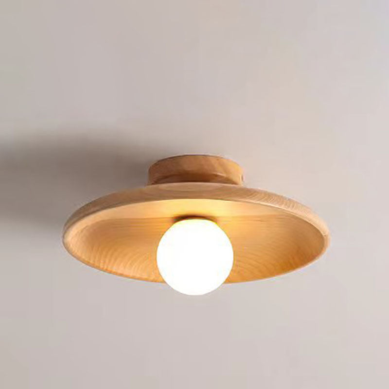 Modern Simplicity Rubberwood Glass Round 1-Light Semi-Flush Mount Ceiling Light For Hallway