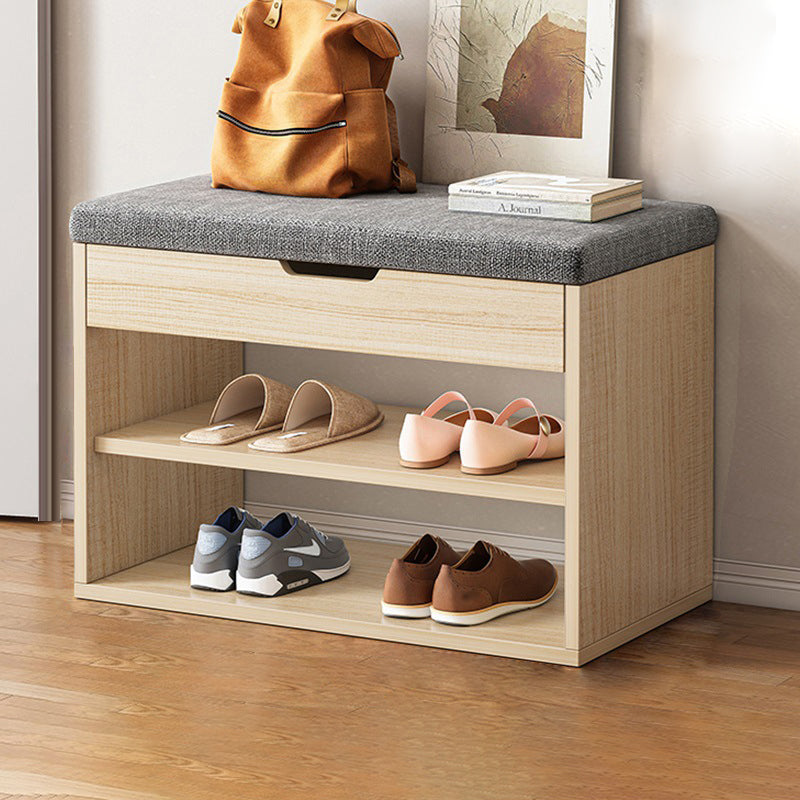 Rangement à chaussures moderne minimaliste rectangulaire en tissu, cuir PU et bois à 3 niveaux pour entrées 