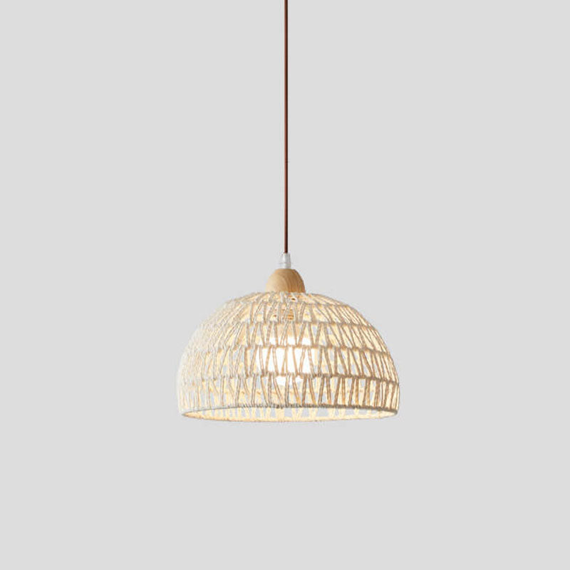Contemporary Boho Rubberwood Faux Rattan Weaving Dome 1-Light Pendant Light For Dining Room