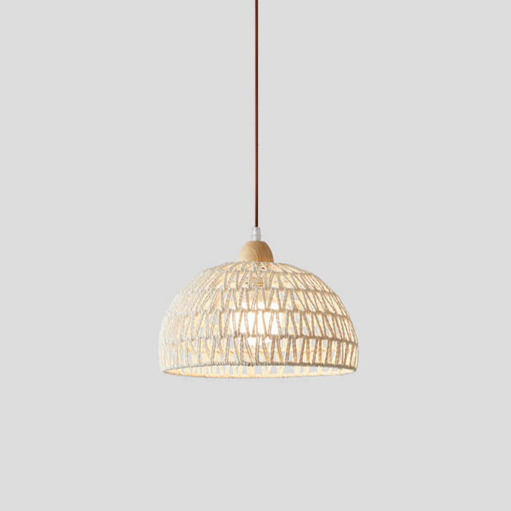 Contemporary Boho Rubberwood Faux Rattan Weaving Dome 1-Light Pendant Light For Dining Room