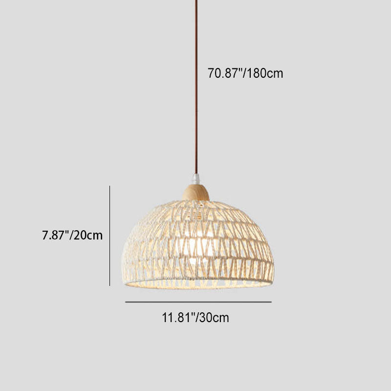 Contemporary Boho Rubberwood Faux Rattan Weaving Dome 1-Light Pendant Light For Dining Room