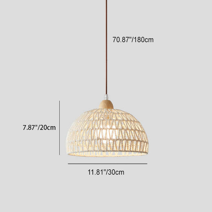 Contemporary Boho Rubberwood Faux Rattan Weaving Dome 1-Light Pendant Light For Dining Room
