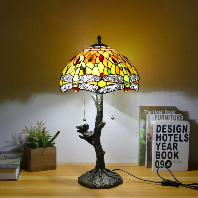 Traditional Tiffany Dragonfly Flower Stained Glass Bird Base 2-Light Table Lamp For Bedroom