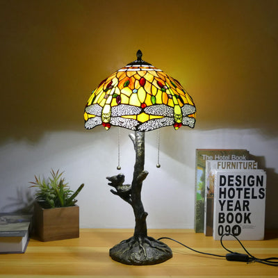 Tiffany Dragonfly Flower Stained Glass Bird Base 2-Light Table Lamp