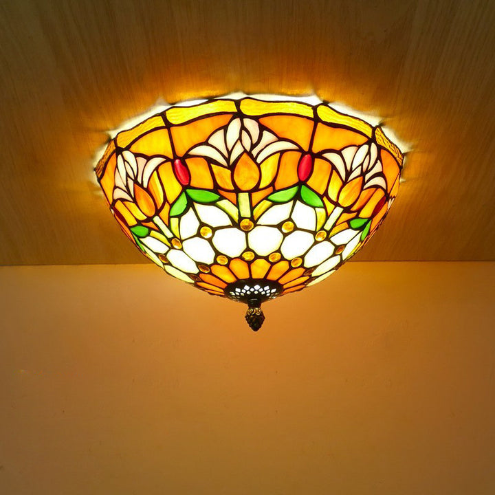 Plafonnier en verre teinté Tiffany Tulip traditionnel à dôme en fer 2/3 lumières pour salon 
