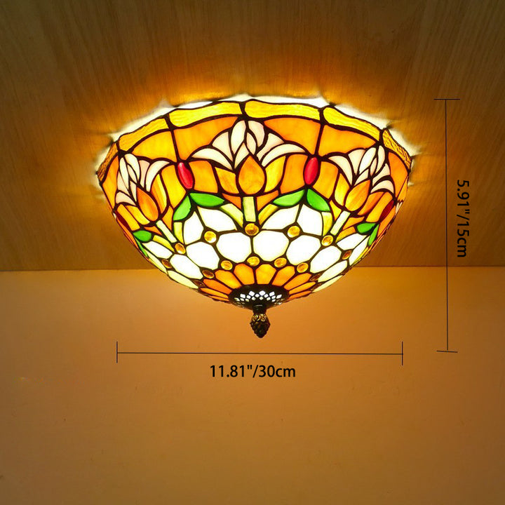Plafonnier en verre teinté Tiffany Tulip traditionnel à dôme en fer 2/3 lumières pour salon 