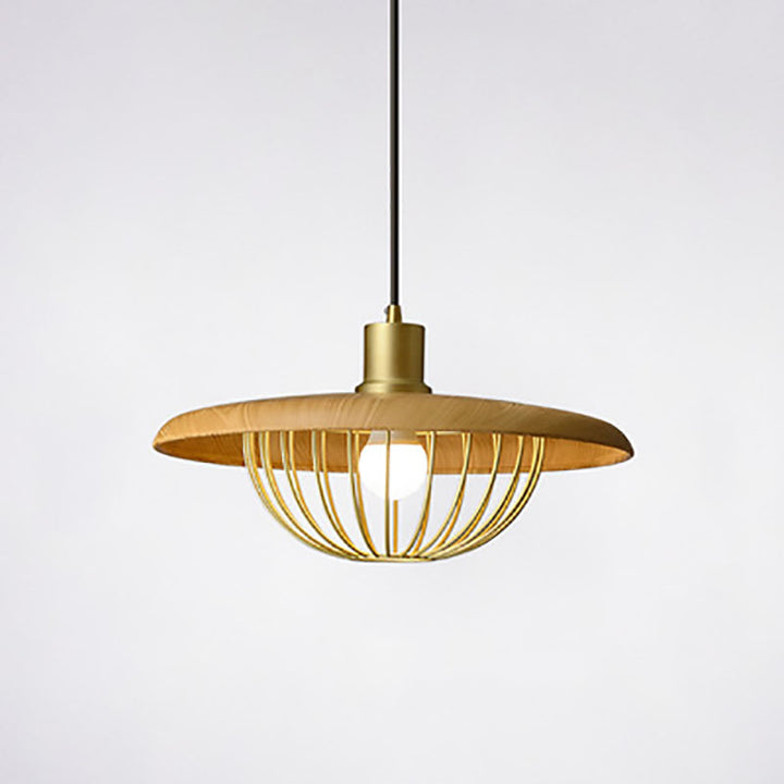 Traditional Japanese Imitation Wood Grain Semicircle Iron Frame Shade 1-Light Pendant Light For Living Room
