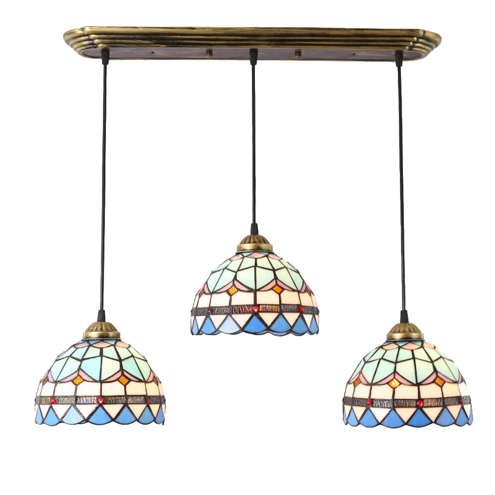 Lámpara colgante de isla de 3 luces con pantalla abovedada de vidrio Tiffany y hierro para sala de estar 