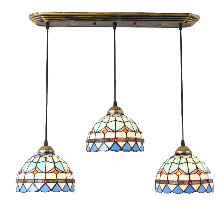 Lámpara colgante de isla de 3 luces con pantalla abovedada de vidrio Tiffany y hierro para sala de estar 