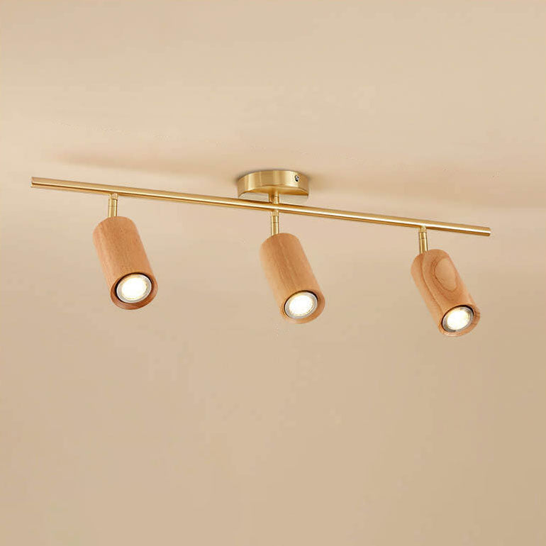 Modern Minimalist Walnut Wood Spotlight Linear Track Rubberwood Iron LED Semi-Flush Mount Ceiling Light for Living Room