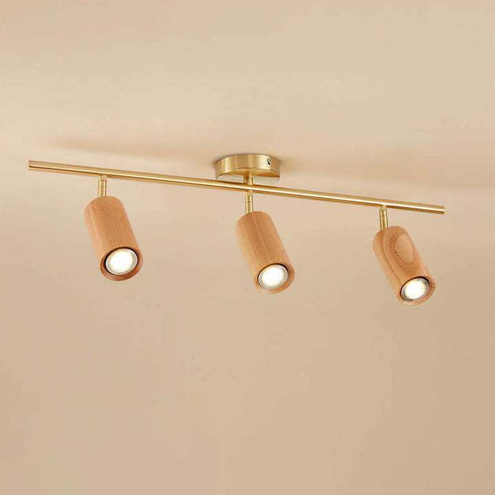 Modern Minimalist Walnut Wood Spotlight Linear Track Rubberwood Iron LED Semi-Flush Mount Ceiling Light for Living Room