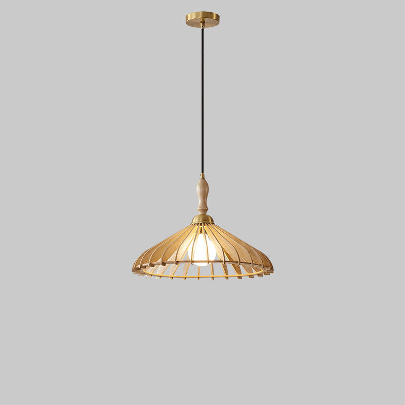 Traditional Japanese Umbrella Ash Wood Copper 1-Light Pendant Light For Bedroom