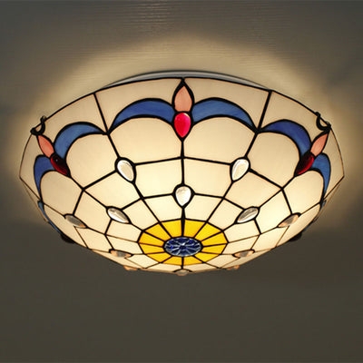 Traditional Tiffany Mediterranean Round Stained Glass 3-Light Flush Mount Ceiling Light For Living Room