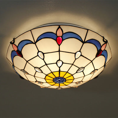 Luz de techo empotrada de 3 luces con vidrio teñido redondo mediterráneo tradicional Tiffany para sala de estar 