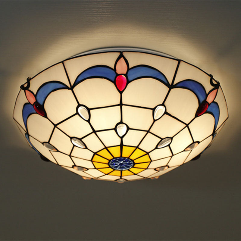Luz de techo empotrada de 3 luces con vidrio teñido redondo mediterráneo tradicional Tiffany para sala de estar 