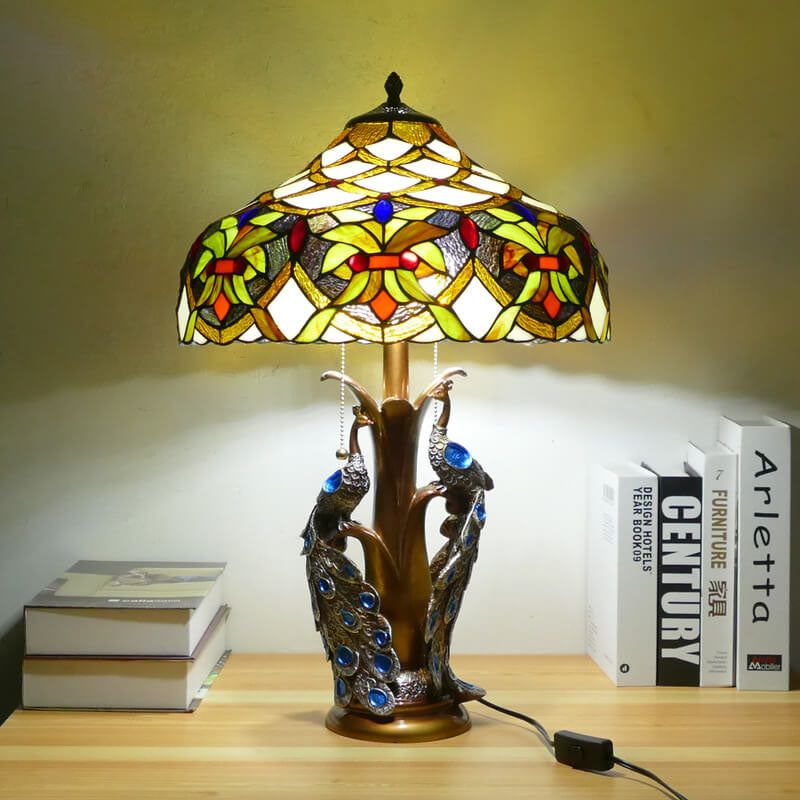 Vintage Tiffany Stained Glass Dome Peacock Base 2-Light Table Lamp