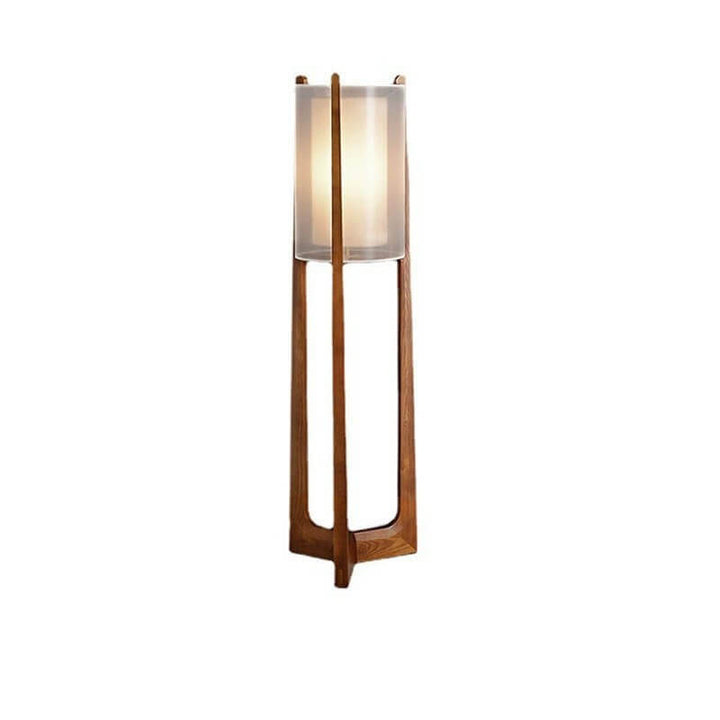 Traditional Japanese Solid Wood Brass Fabric Column 1-Light Standing Floor Lamp For Living Room And Bedroom
