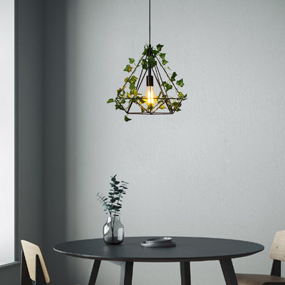 Luz colgante de 1 luz con hoja de sakura de diamante de vegetación simulada de cuerda de cáñamo de hierro retro contemporáneo para comedor 