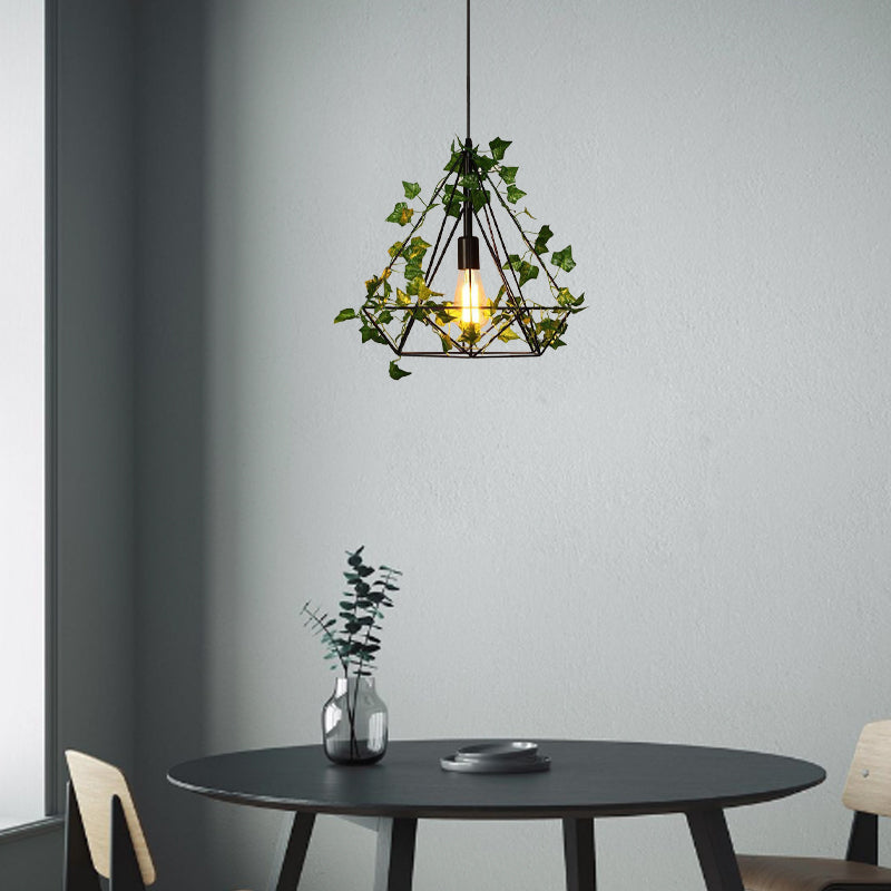 Luz colgante de 1 luz con hoja de sakura de diamante de vegetación simulada de cuerda de cáñamo de hierro retro contemporáneo para comedor 