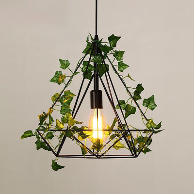Luz colgante de 1 luz con hoja de sakura de diamante de vegetación simulada de cuerda de cáñamo de hierro retro contemporáneo para comedor 