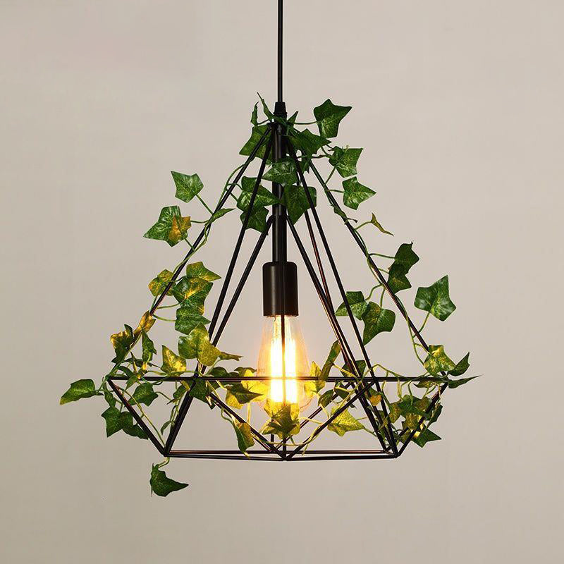 Luz colgante de 1 luz con hoja de sakura de diamante de vegetación simulada de cuerda de cáñamo de hierro retro contemporáneo para comedor 