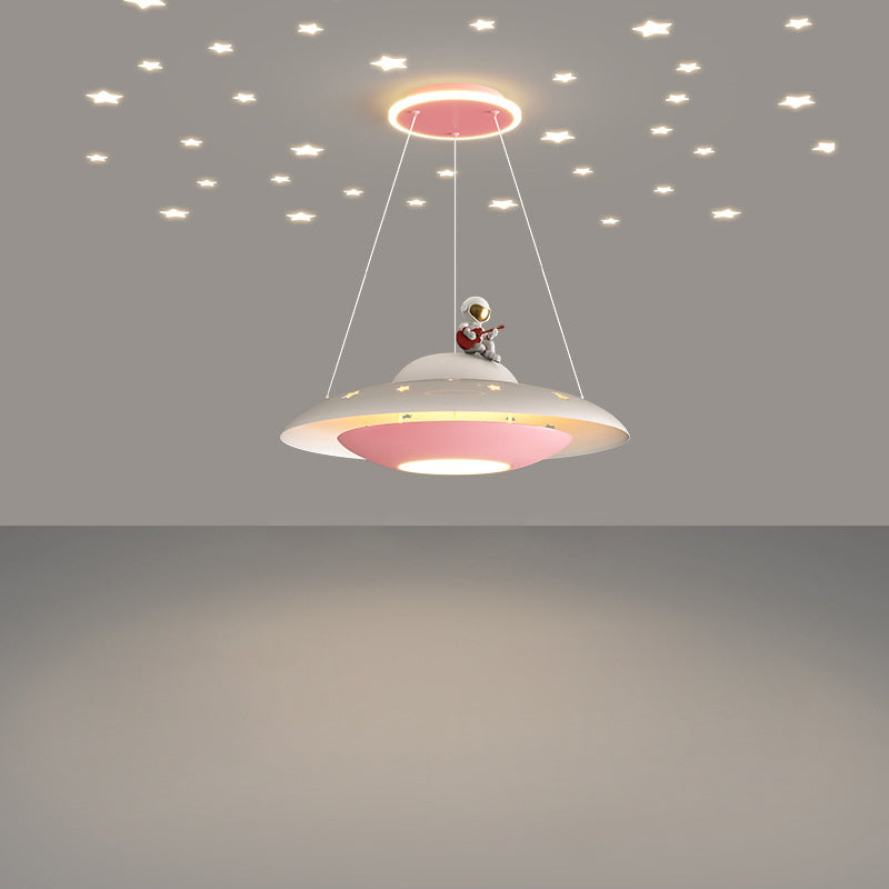 Moderne Art Deco Kinder Eisen Acryl UFO Raumschiff Astronaut Runde LED Pendelleuchte Für Schlafzimmer 