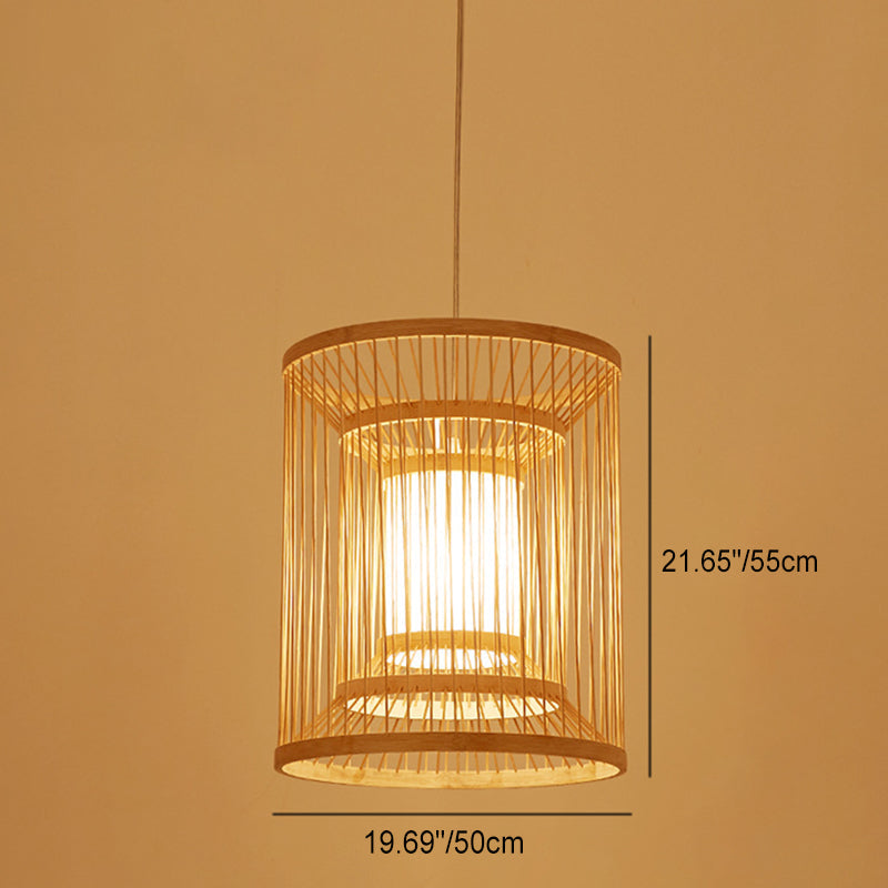 Lustre Suspendu Traditionnel Chinois Rond Vertical en Bambou 1 Lumière Pour Salon 