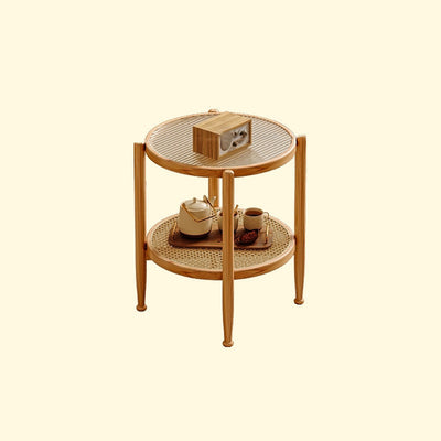 Traditioneller japanischer runder Glastisch aus Rattan und massivem Holz mit 2 Ebenen für das Wohnzimmer 