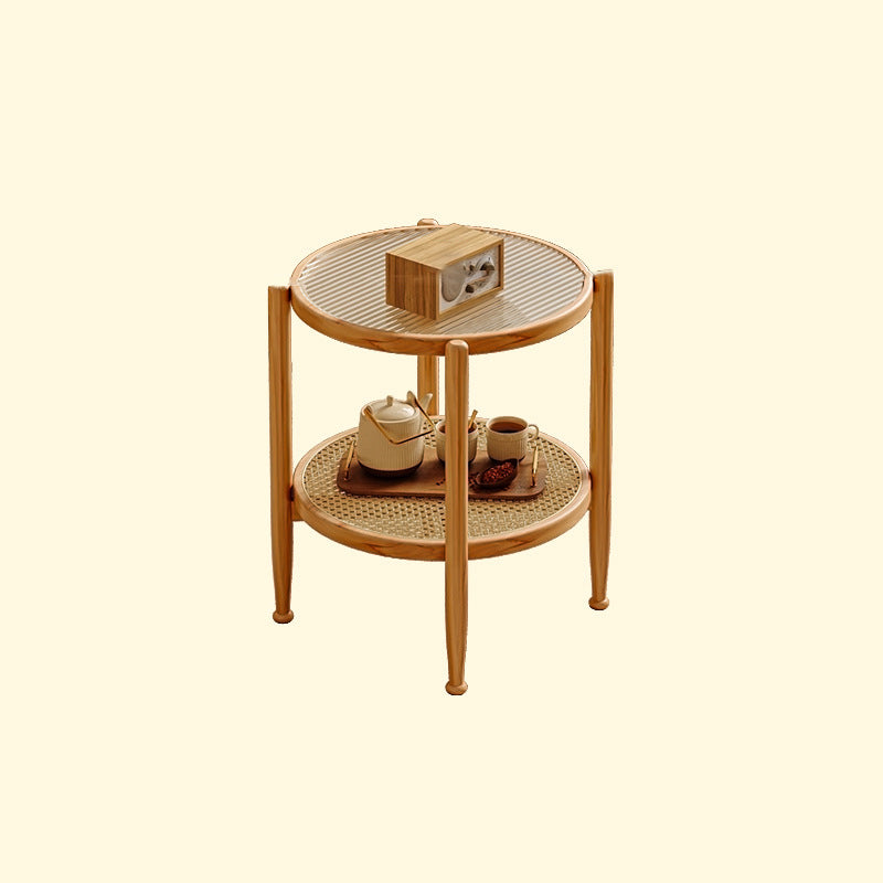 Traditioneller japanischer runder Glastisch aus Rattan und massivem Holz mit 2 Ebenen für das Wohnzimmer 