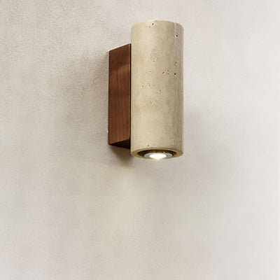 Japanischer Wabi-Sabi Runder Quadrat Gelber Travertin Gummi Holz 1-Licht Spotlight Wandleuchte 