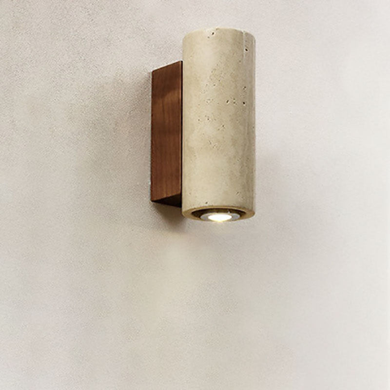 Japanischer Wabi-Sabi Runder Quadrat Gelber Travertin Gummi Holz 1-Licht Spotlight Wandleuchte 