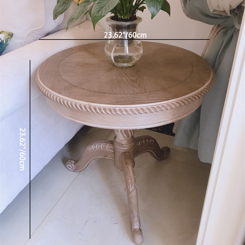 Traditioneller runder Couchtisch aus MDF und Kautschukholz im französischen Stil mit drei Beinen für das Wohnzimmer 