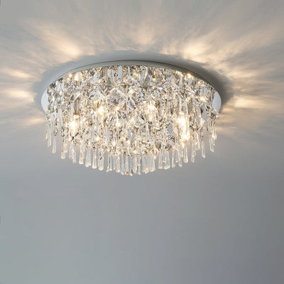 Luxe contemporain Éblouissant chaînes de cristal prismatiques Cadre rond en acier inoxydable Plafonnier encastré à 2/6/8 lumières pour salon 
