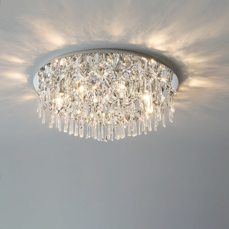 Luxe contemporain Éblouissant chaînes de cristal prismatiques Cadre rond en acier inoxydable Plafonnier encastré à 2/6/8 lumières pour salon 